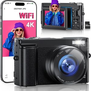 4K Digital Camera for Photography, WiFi 64MP 180° Flip Screen 3" Autofocus Vlogging Camera for YouTube, 16X Zoom Compact Point and Shoot Cameras for Beginner with 32GB Card, 2 Batteries
