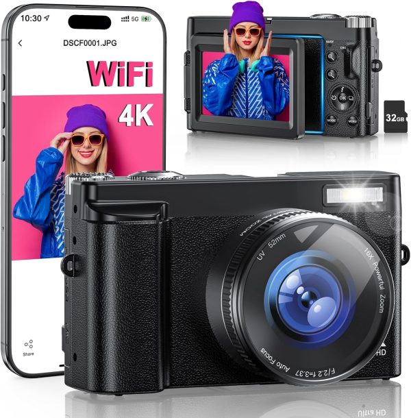 4K Digital Camera for Photography Autofocus, Upgraded 64MP WiFi Vlogging Camera for YouTube with 3" 180° Flip Screen, 16X Zoom, Compact Travel Cameras for Beginners with 32GB Card, 2 Batteries, Black