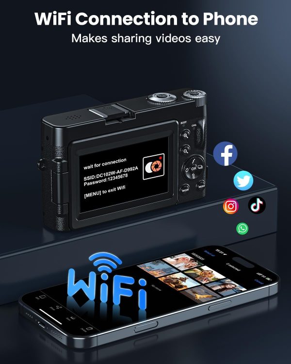 4K Digital Camera for Photography, WiFi 64MP 180° Flip Screen 3" Autofocus Vlogging Camera for YouTube, 16X Zoom Compact Point and Shoot Cameras for Beginner with 32GB Card, 2 Batteries - Image 4
