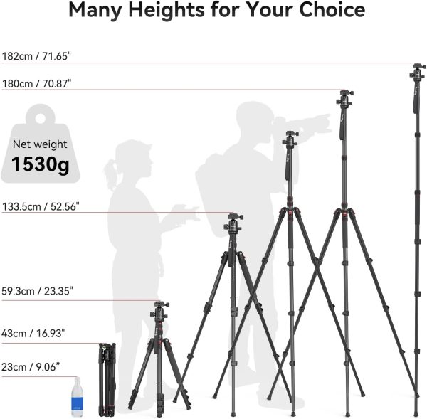 SmallRig Camera Tripod, 71" Foldable Aluminum Tripod/Monopod, 360°Ball Head Detachable, Payload 33lb, Adjustable Height from 16" to 71" for Camera, Phone - Image 2