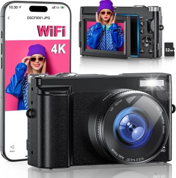 4K Digital Camera for Photography, WiFi 64MP 180° Flip Screen 3″ Autofocus Vlogging Camera for YouTube, 16X Zoom Compact Point and Shoot Cameras for Beginner with 32GB Card, 2 Batteries