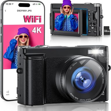 4K Digital Camera for Photography, WiFi 64MP 180° Flip Screen 3″ Autofocus Vlogging Camera for YouTube, 16X Zoom Compact Point and Shoot Cameras for Beginner with 32GB Card, 2 Batteries